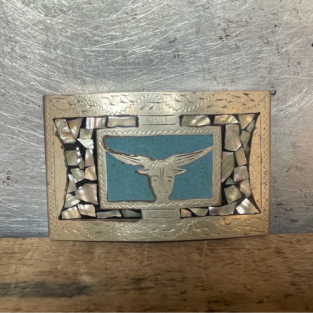 Vintage Handcrafted Southwest Silver Belt Buckle with Abalone Inlay